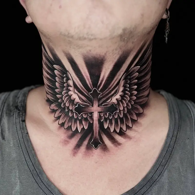 Dramatic Angel Wing Cross Neck Tattoo