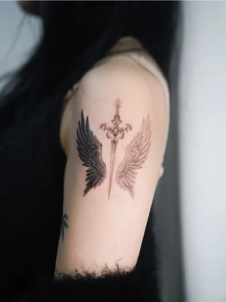 Duality Angel and Demon Wings Sword Tattoo