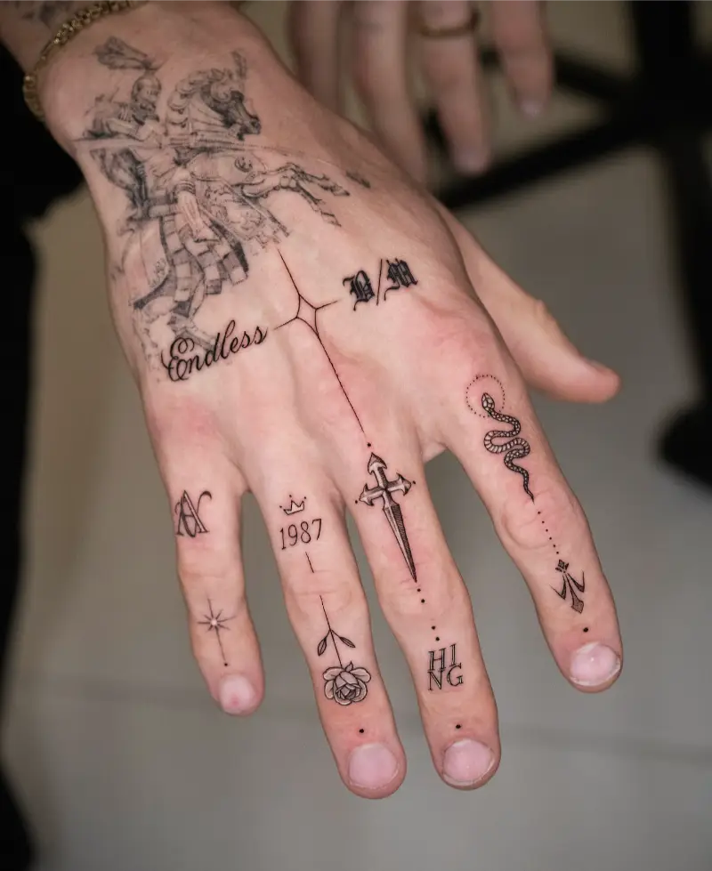 Eclectic Fine Line Patchwork Hand Tattoo