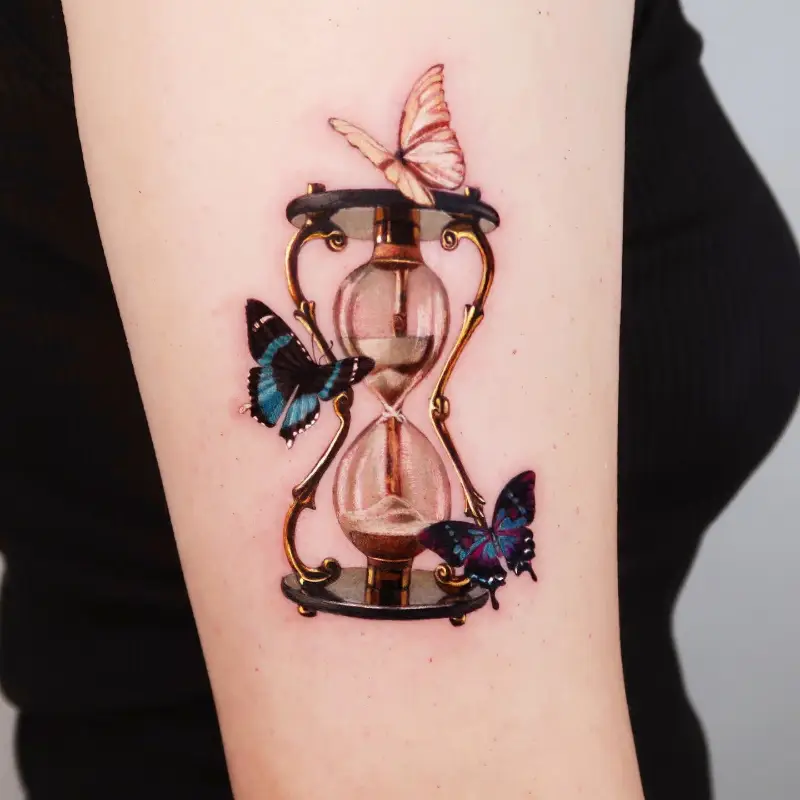 Elegant Realism Butterfly Hourglass Tattoo