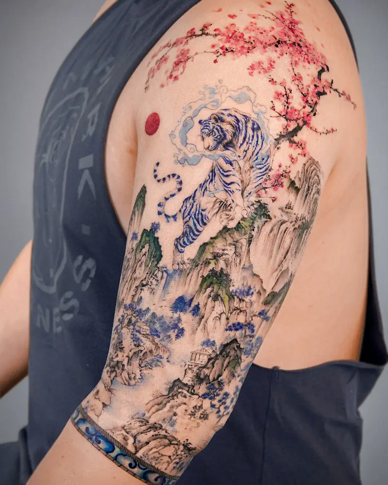 Ethereal Japanese Landscape Tiger Tattoo
