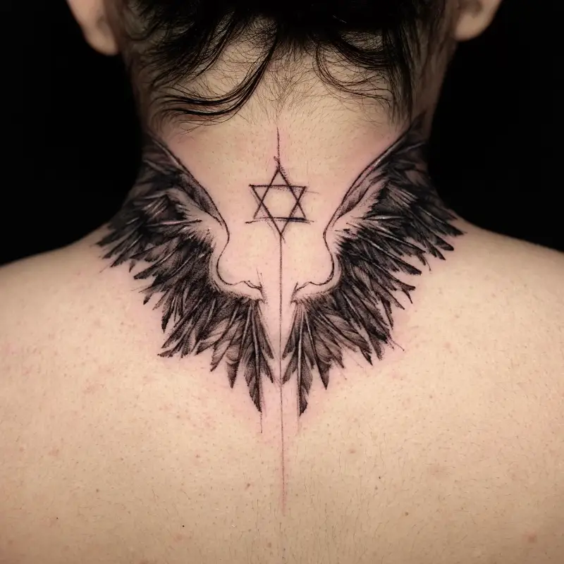 Expressive Blackwork Wings Neck Tattoo