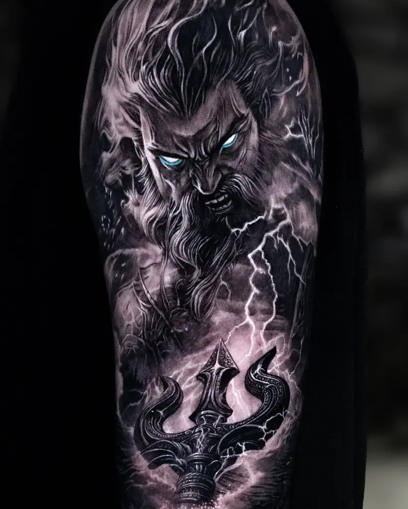 Fierce Dark Realism Poseidon Trident Tattoo