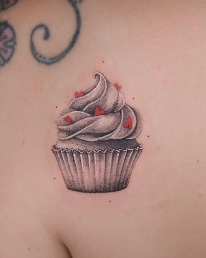 Fine Line Black and Grey Heart Cupcake Tattoo