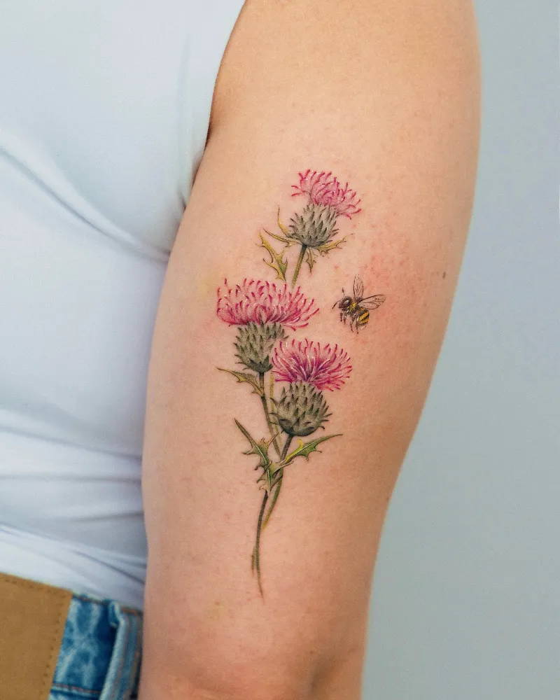 Fine Line Botanical Thistle and Bee Tattoo