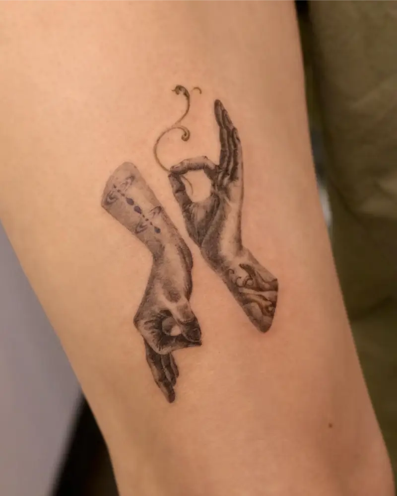 Fine Line Buddha Mudra Hands Tattoo