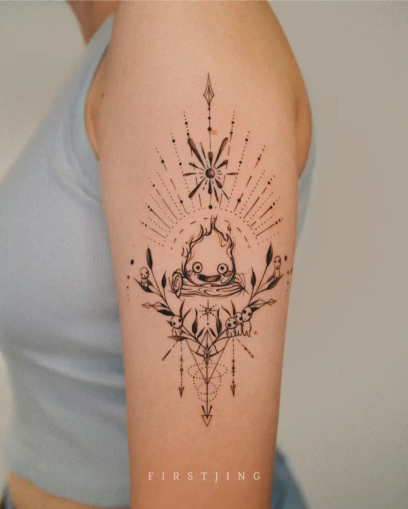 Fine Line Calcifer and Kodama Tattoo