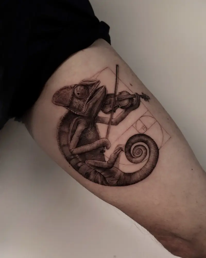 Fine Line Chameleon Violin Tattoo