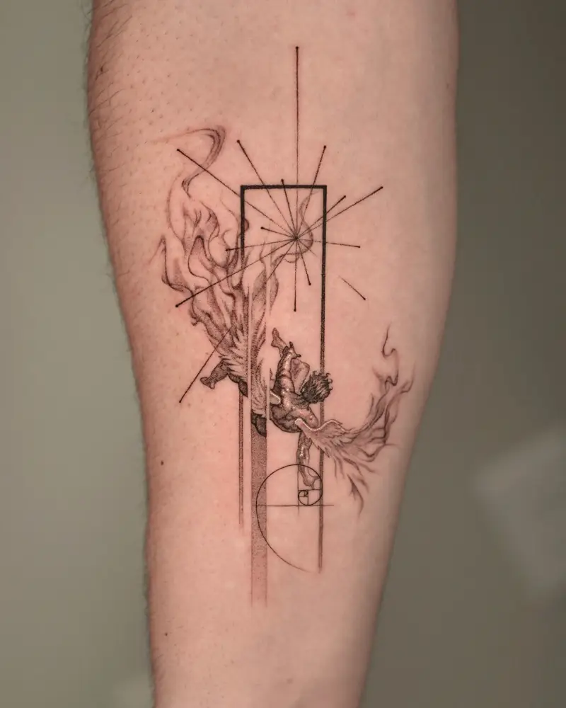 Fine Line Flaming Icarus Tattoo