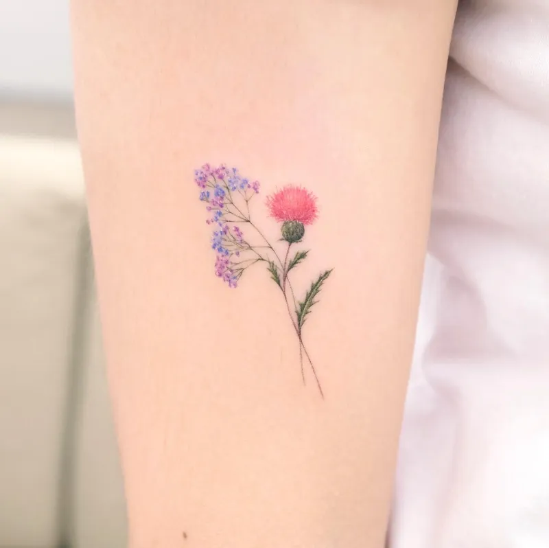 Fine Line Floral Thistle Bouquet Tattoo
