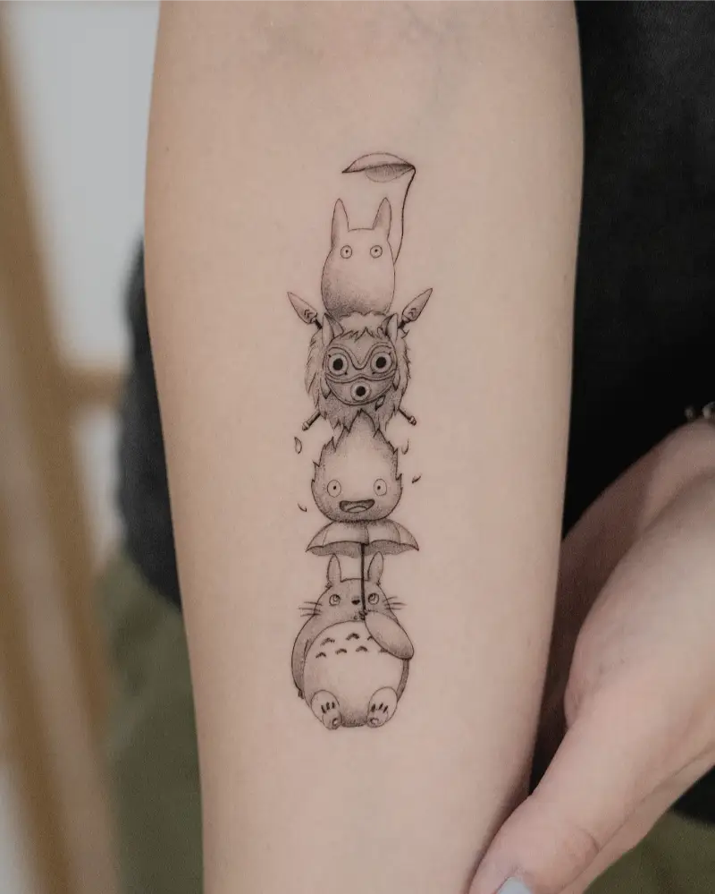 Fine Line Ghibli Character Stack Tattoo