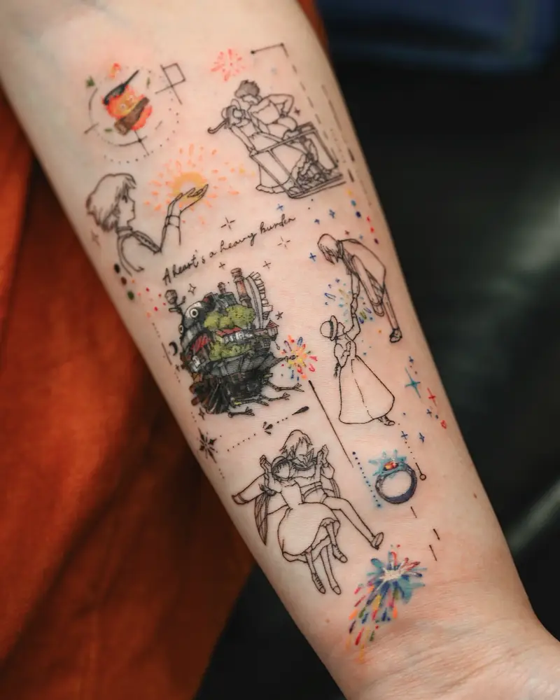 Fine Line Howl's Moving Castle Collage Tattoo