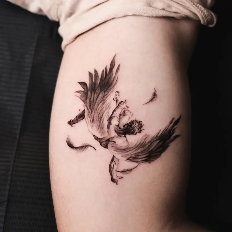 Fine Line Icarus Feather Fall Tattoo