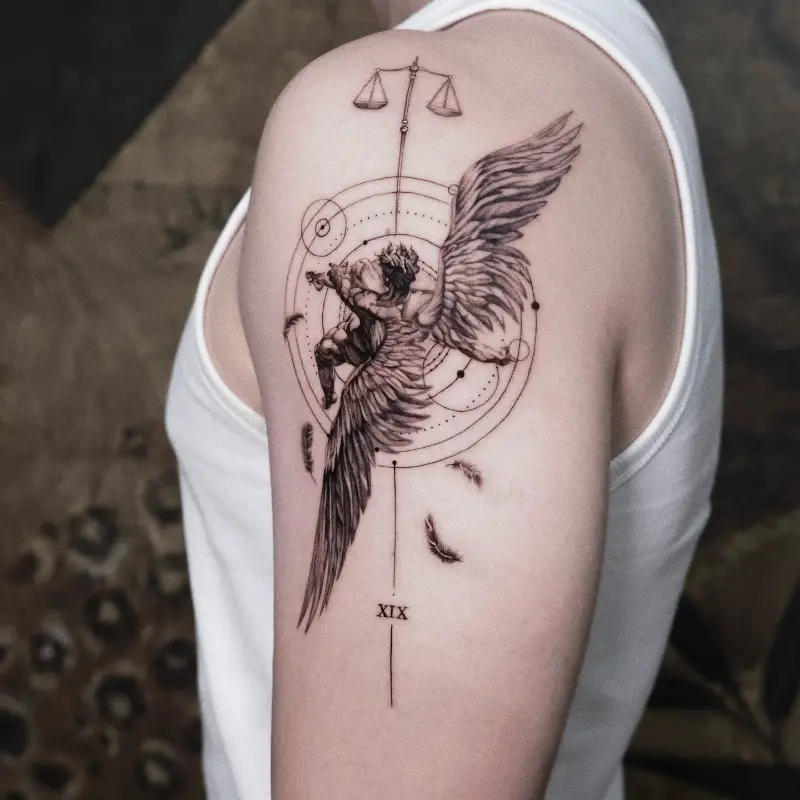 Fine Line Icarus Shoulder Tattoo