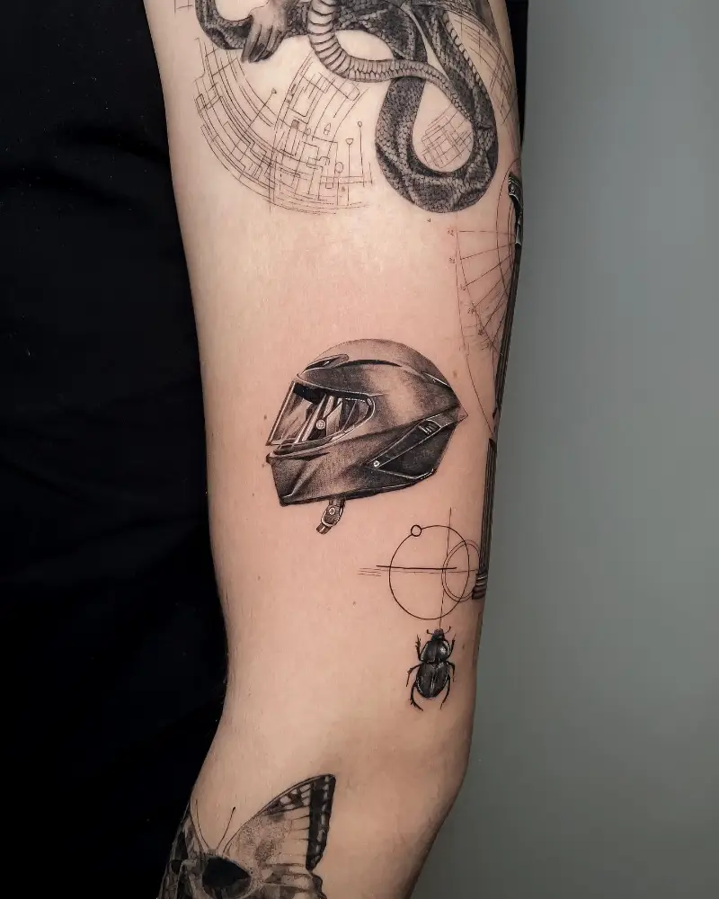 Fine Line Motorcycle Helmet Tattoo