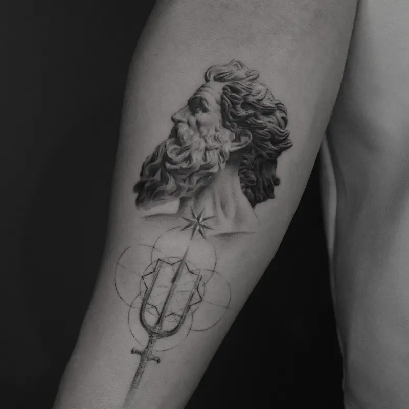 Fine Line Poseidon Portrait Tattoo