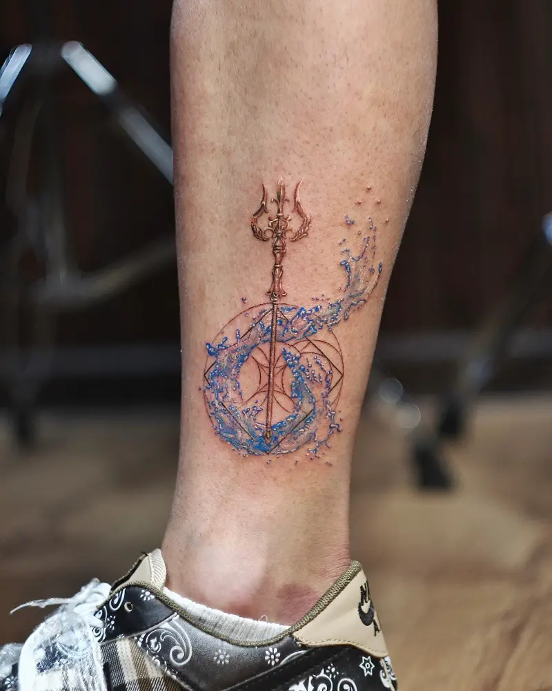 Fine Line Poseidon Trident Tattoo