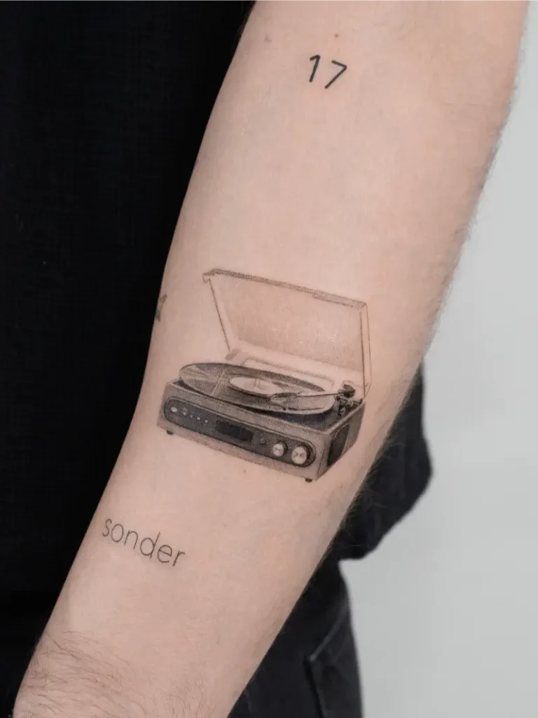 Fine Line Realistic Record Player Tattoo