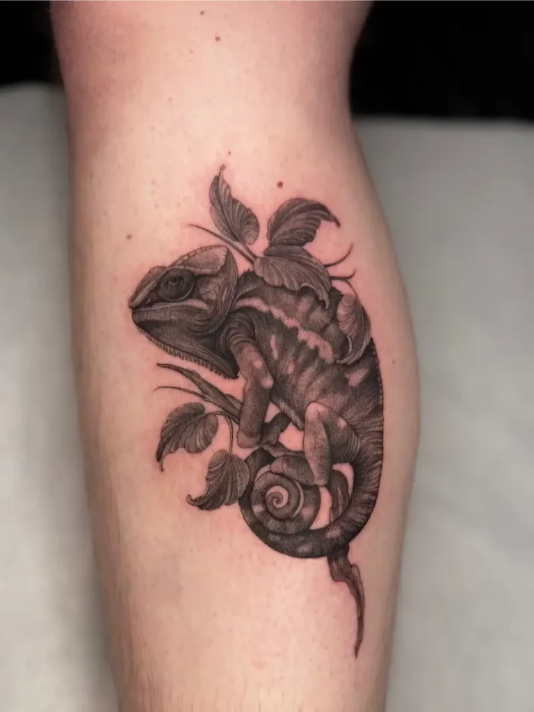 Fine Line Seated Chameleon Tattoo