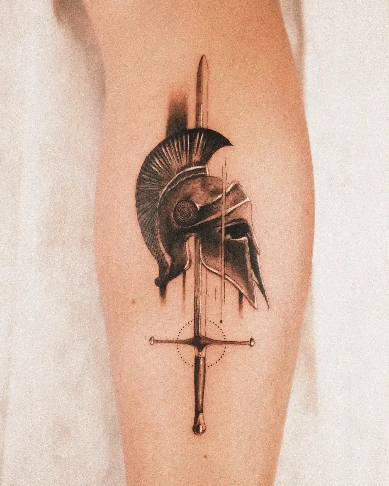 Fine Line Spartan Corinthian Helmet Tattoo