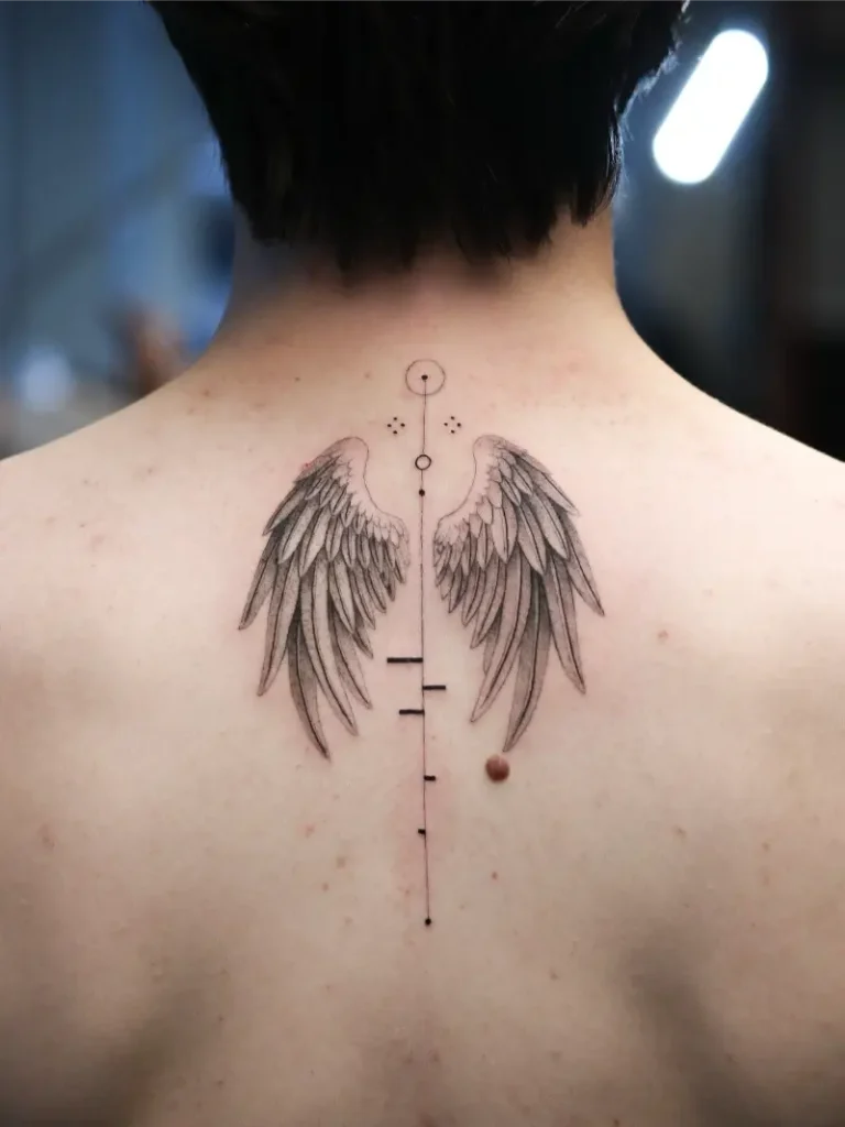 Fine Line Spine Angel Wings Tattoo