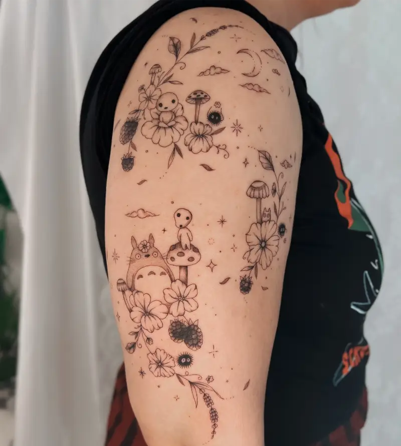 Fine Line Totoro and Kodama Botanical Tattoo