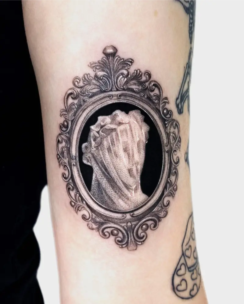Fine Line Veiled Woman Cameo Tattoo