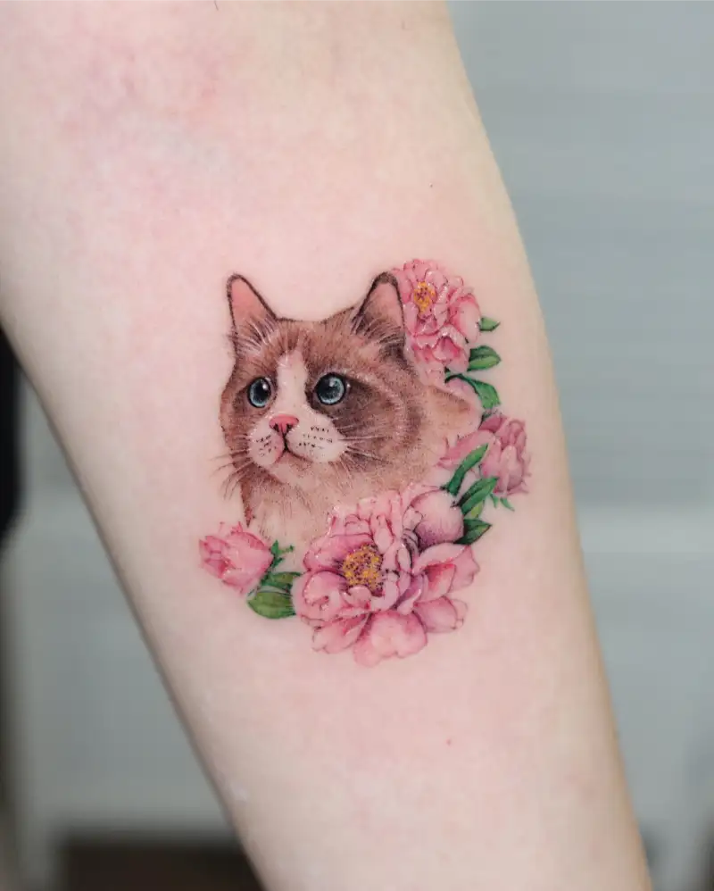 Floral Cat Portrait Tattoo With Pink Peonies