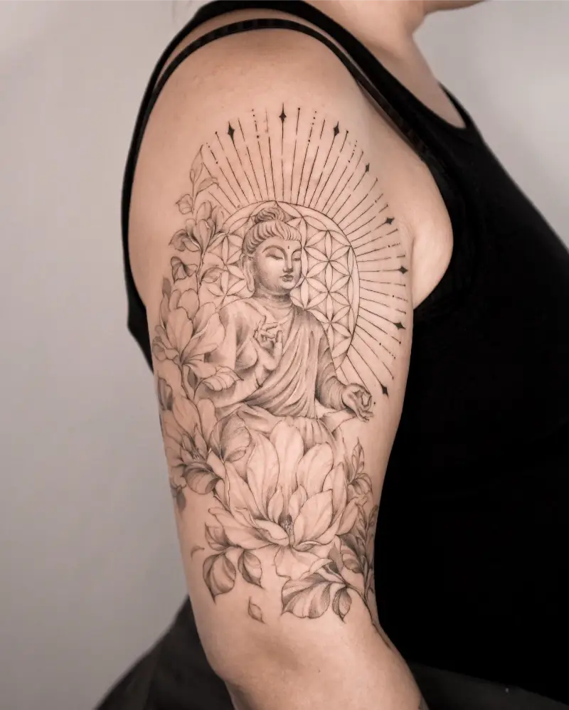 Floral Geometric Buddha Sleeve Tattoo