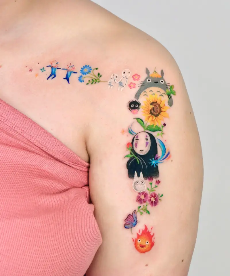 Floral No-Face and Totoro Tattoo
