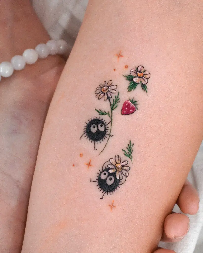 Floral Soot Sprite Strawberry Tattoo