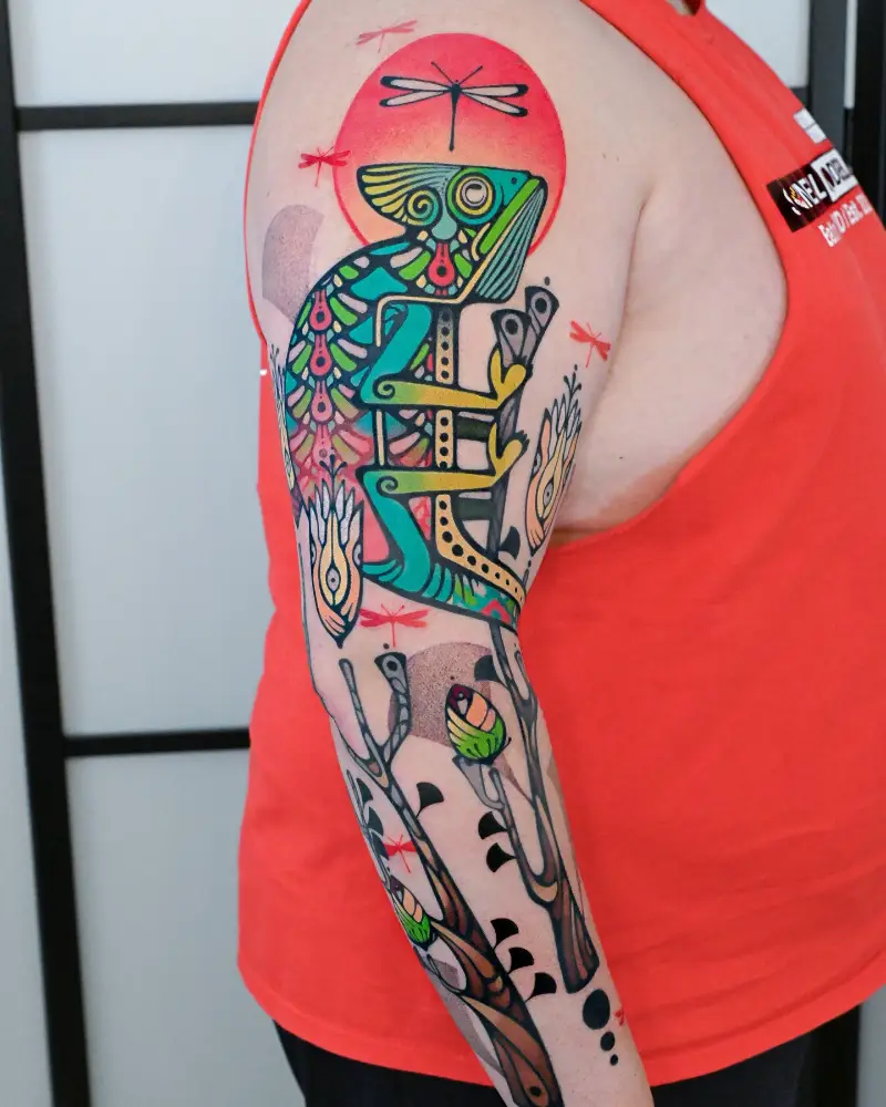 Folk Art Chameleon Sleeve Tattoo