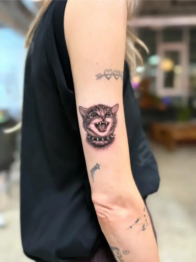 Funny Aggressive Kitten Portrait Tattoo