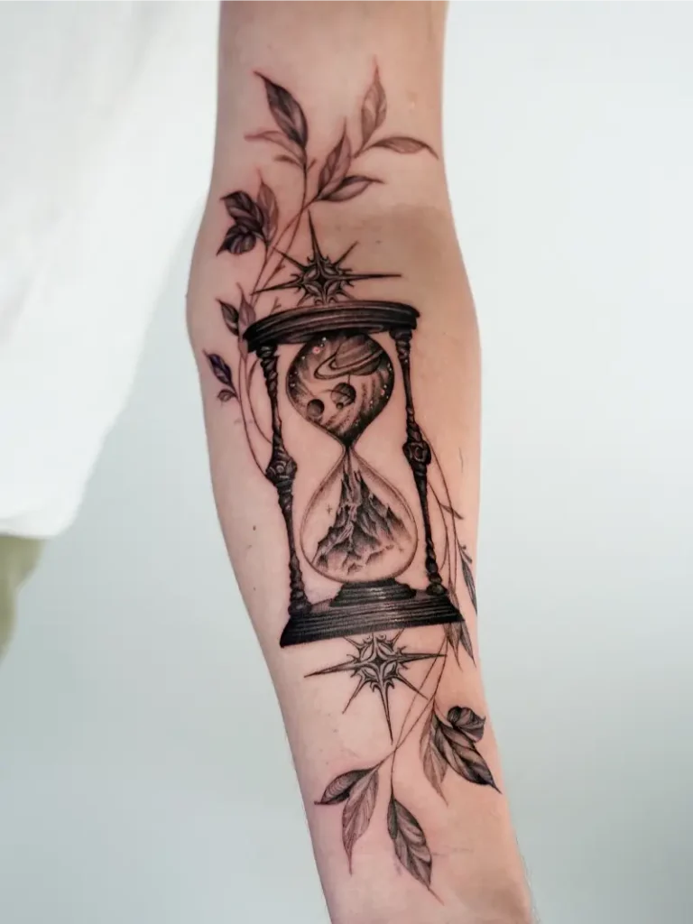 Planets & Mountain Infused Hourglass Tattoo