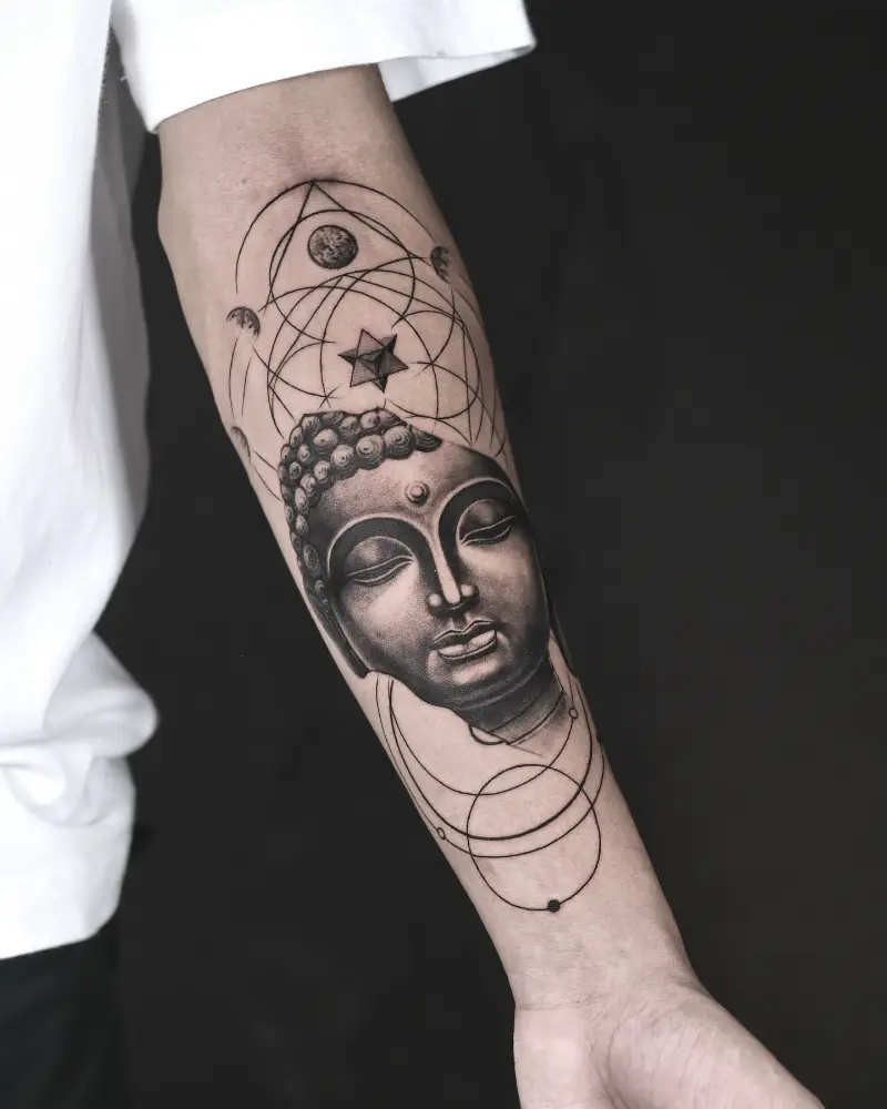 Geometric Cosmic Buddha Tattoo