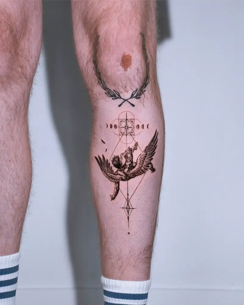 Geometric Icarus Falling Shin Tattoo