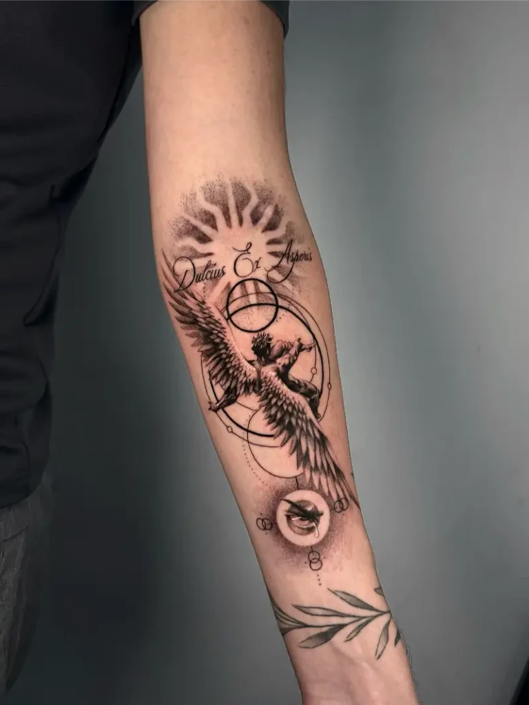 Geometric Icarus Sun and Eye Tattoo