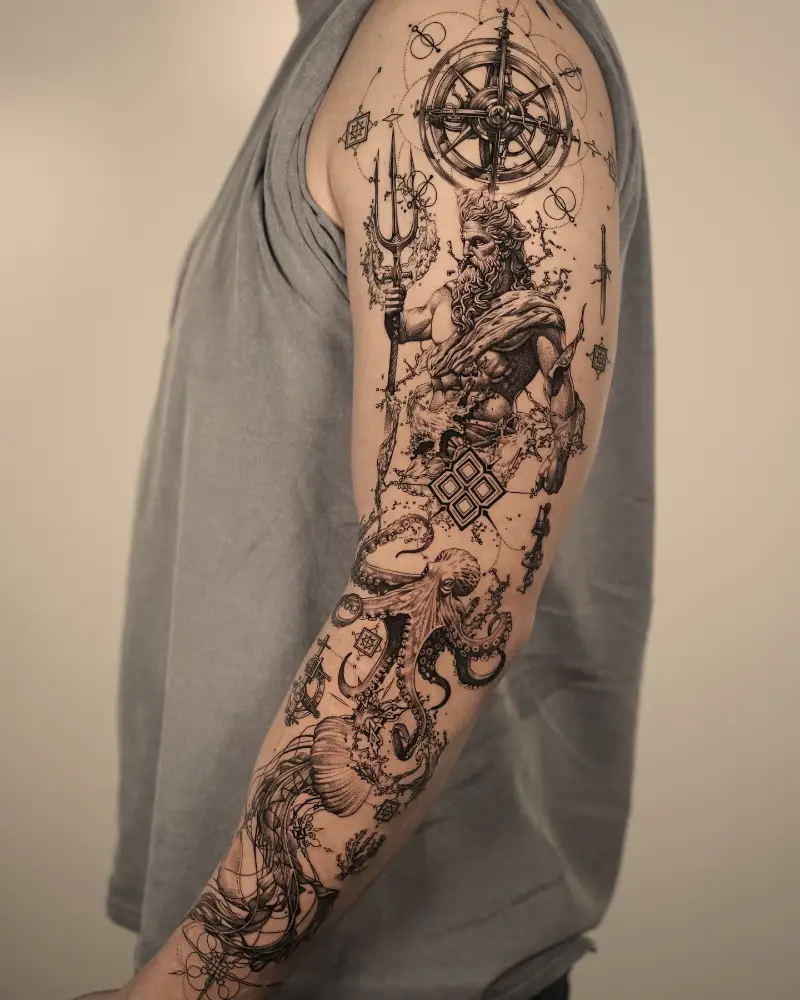 Geometric Poseidon Ocean Sleeve Tattoo