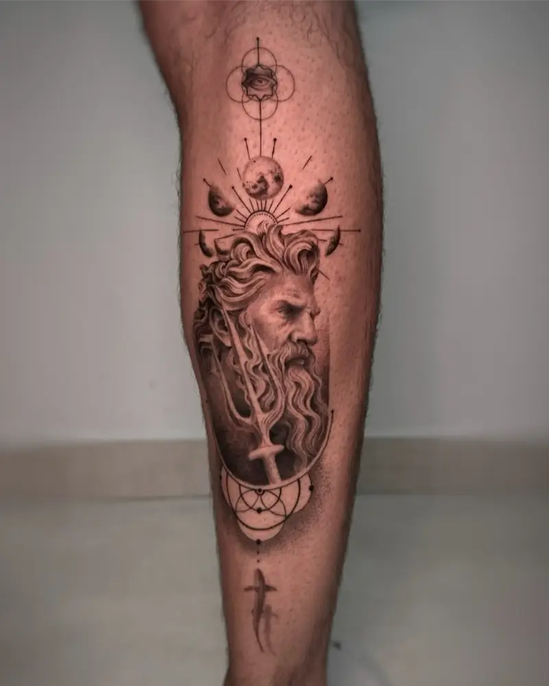 Geometric Poseidon Portrait Tattoo