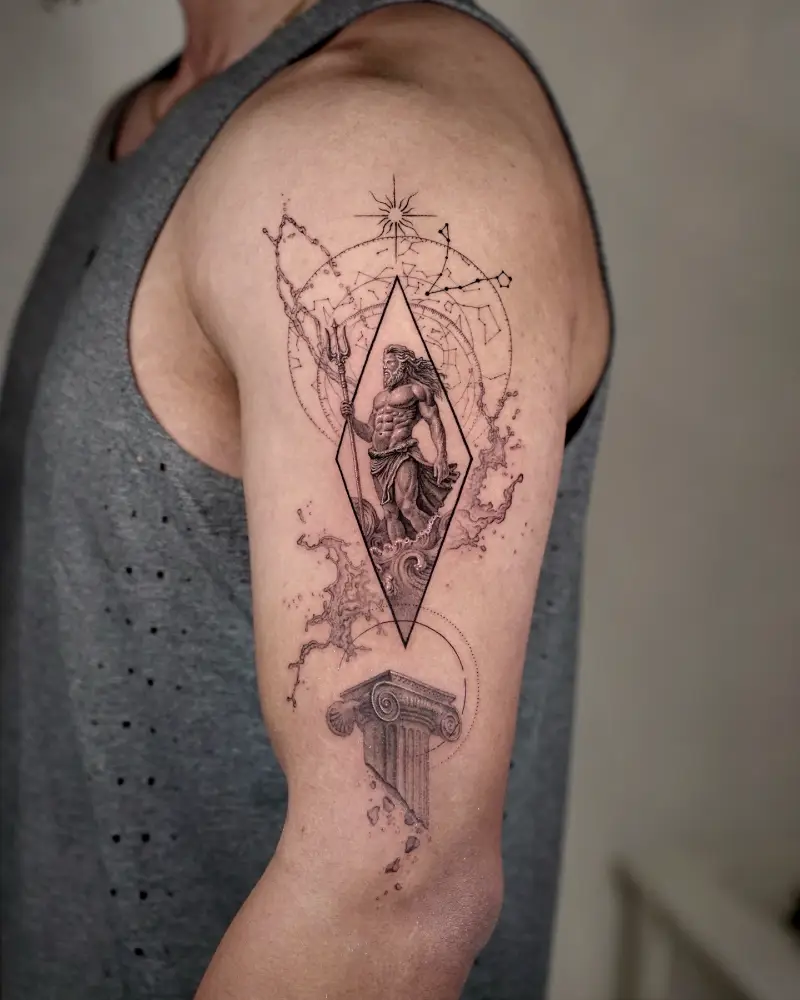 Geometric Poseidon Statue Tattoo