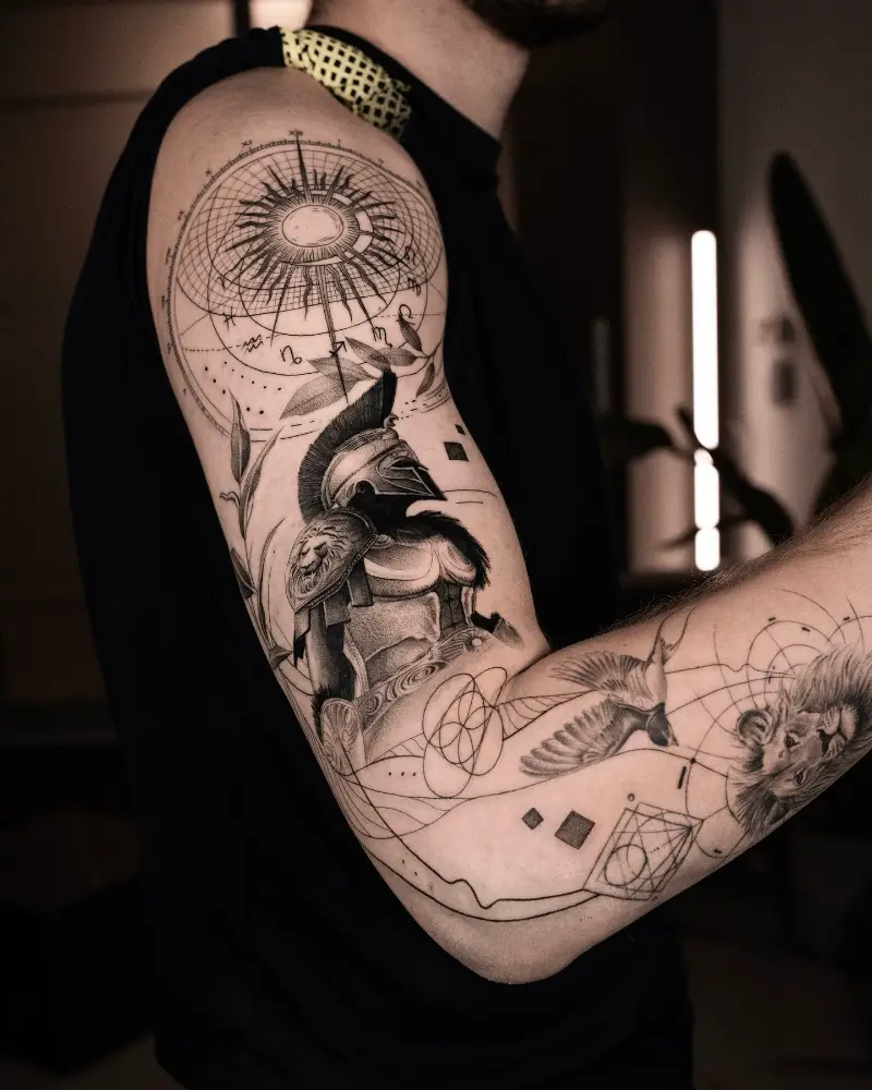Geometric Spartan and Zodiac Sleeve Tattoo