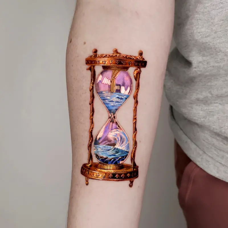 Golden Ocean Scene Hourglass Tattoo