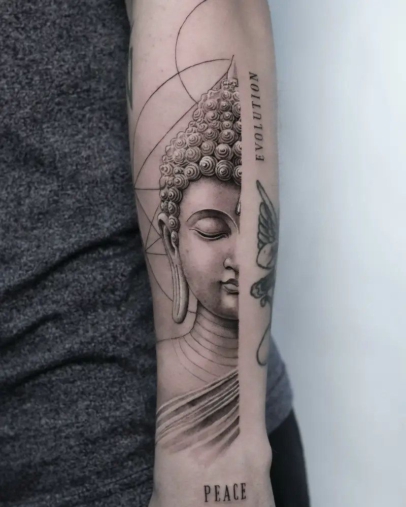 Half Face Buddha Evolution Tattoo