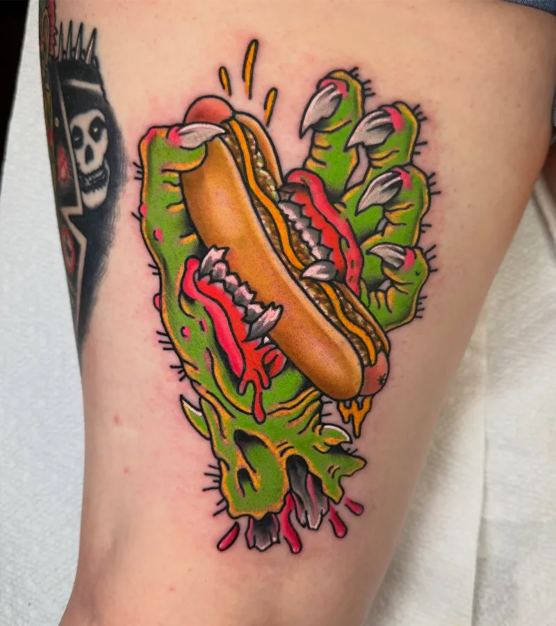 Horror-Inspired Monster Hot Dog Tattoo