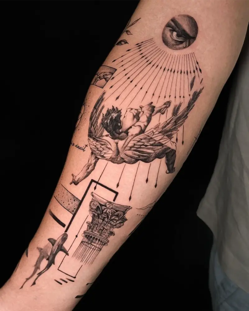 Illustrative Icarus Classical Column Tattoo