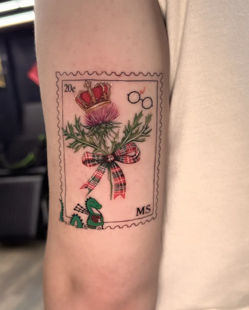 Illustrative Scottish Thistle Stamp Tattoo