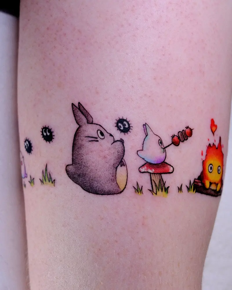 Illustrative Totoro and Calcifer Scene Tattoo