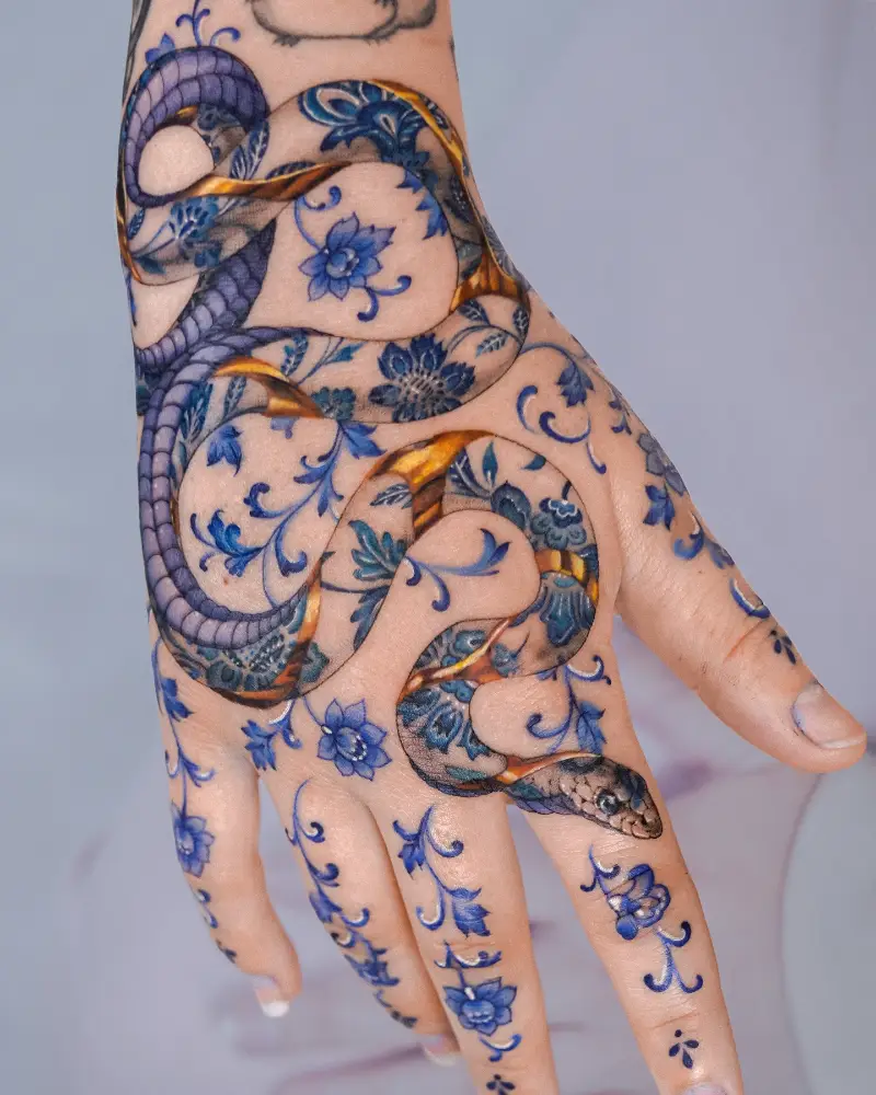 Kintsugu Porcelain Snake Hand Tattoo