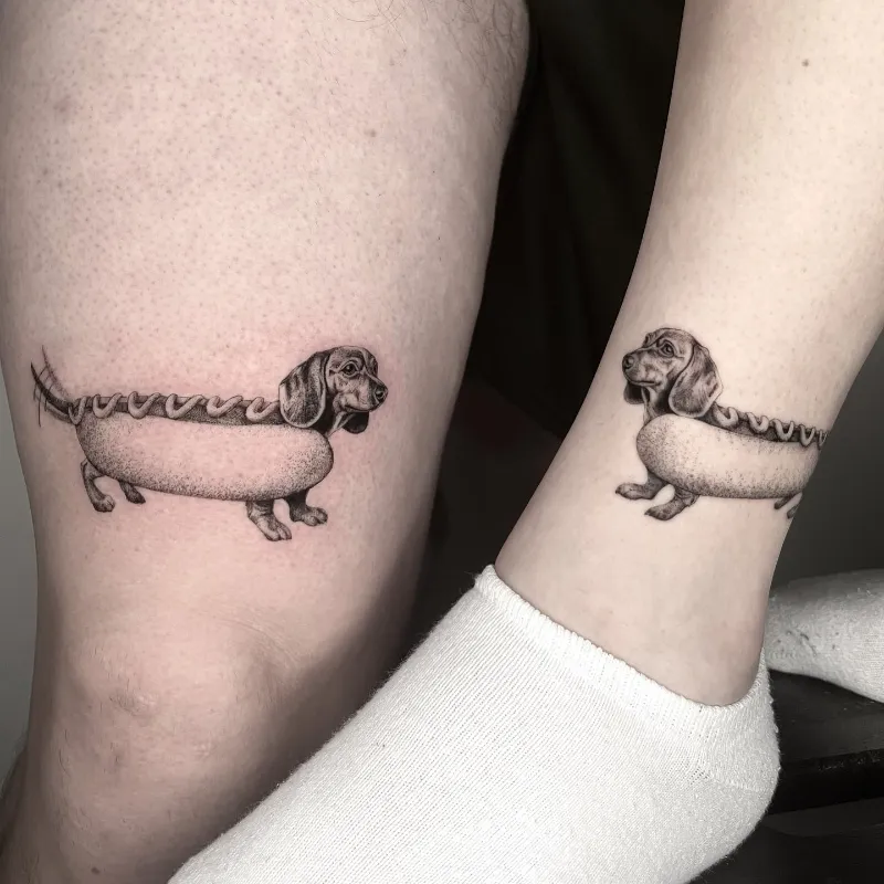 Matching Realistic Dachshund Hot Dog Tattoo