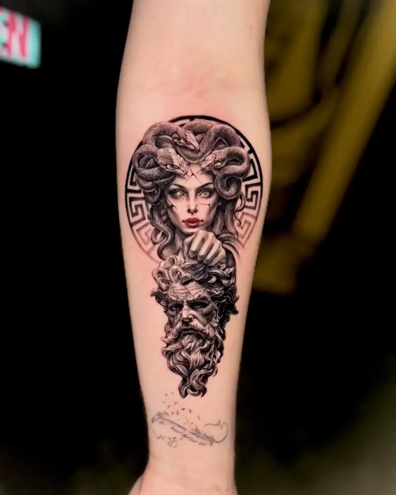Medusa Holding Poseidon Head Tattoo